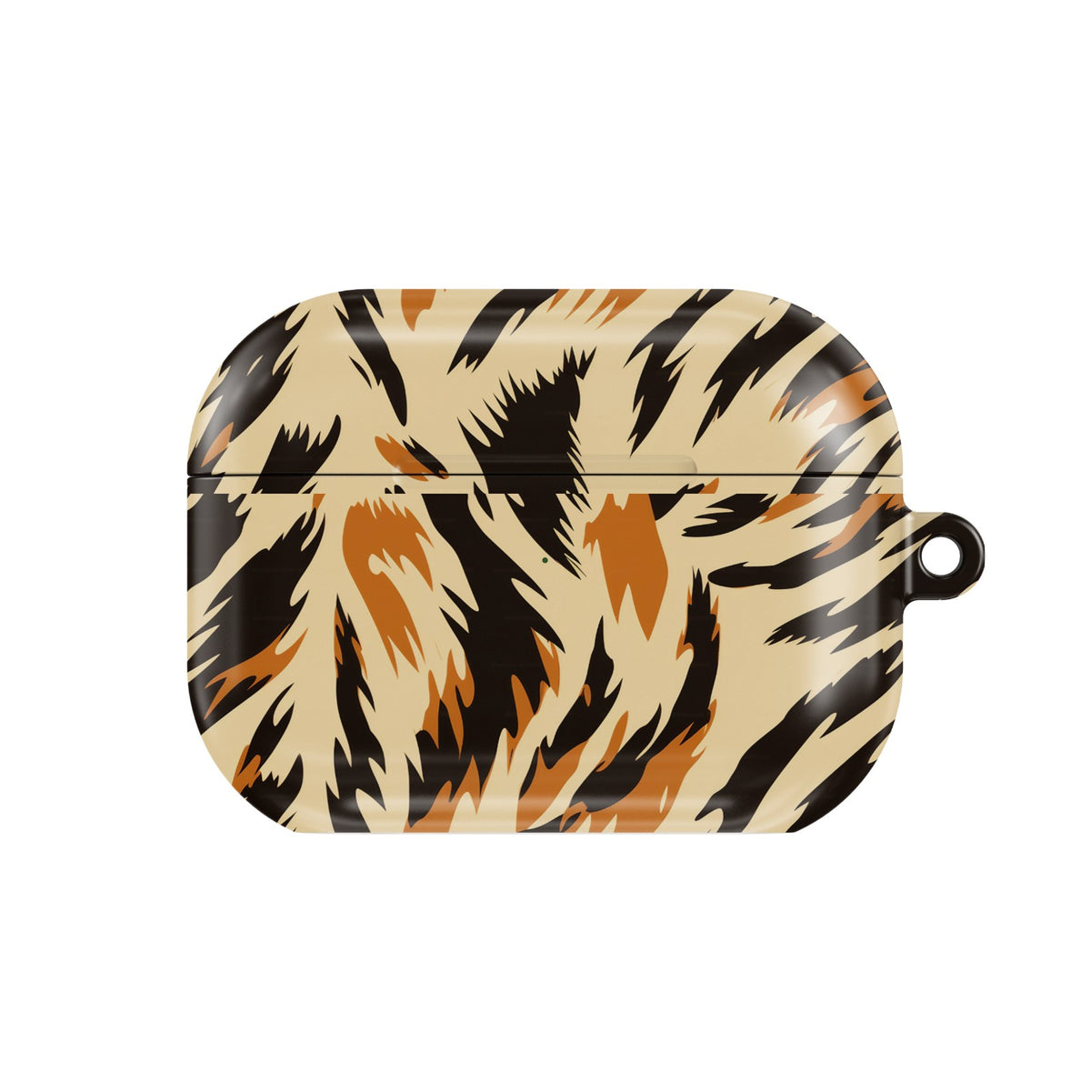 Painted Tiger AirPods case — painted animal print, closed front view