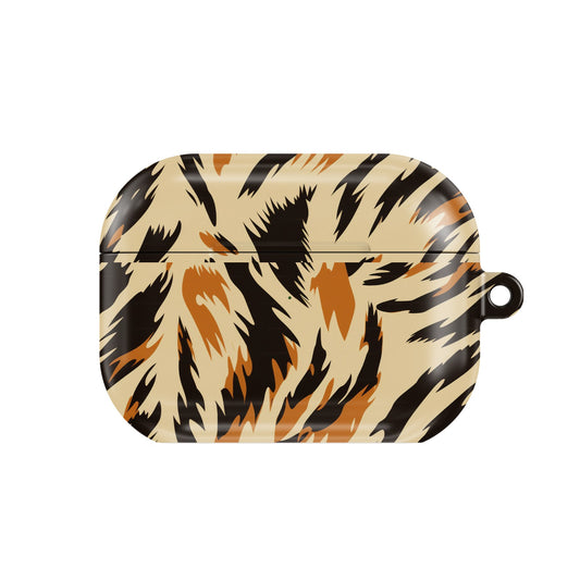 Painted Tiger AirPods case — painted animal print, closed front view