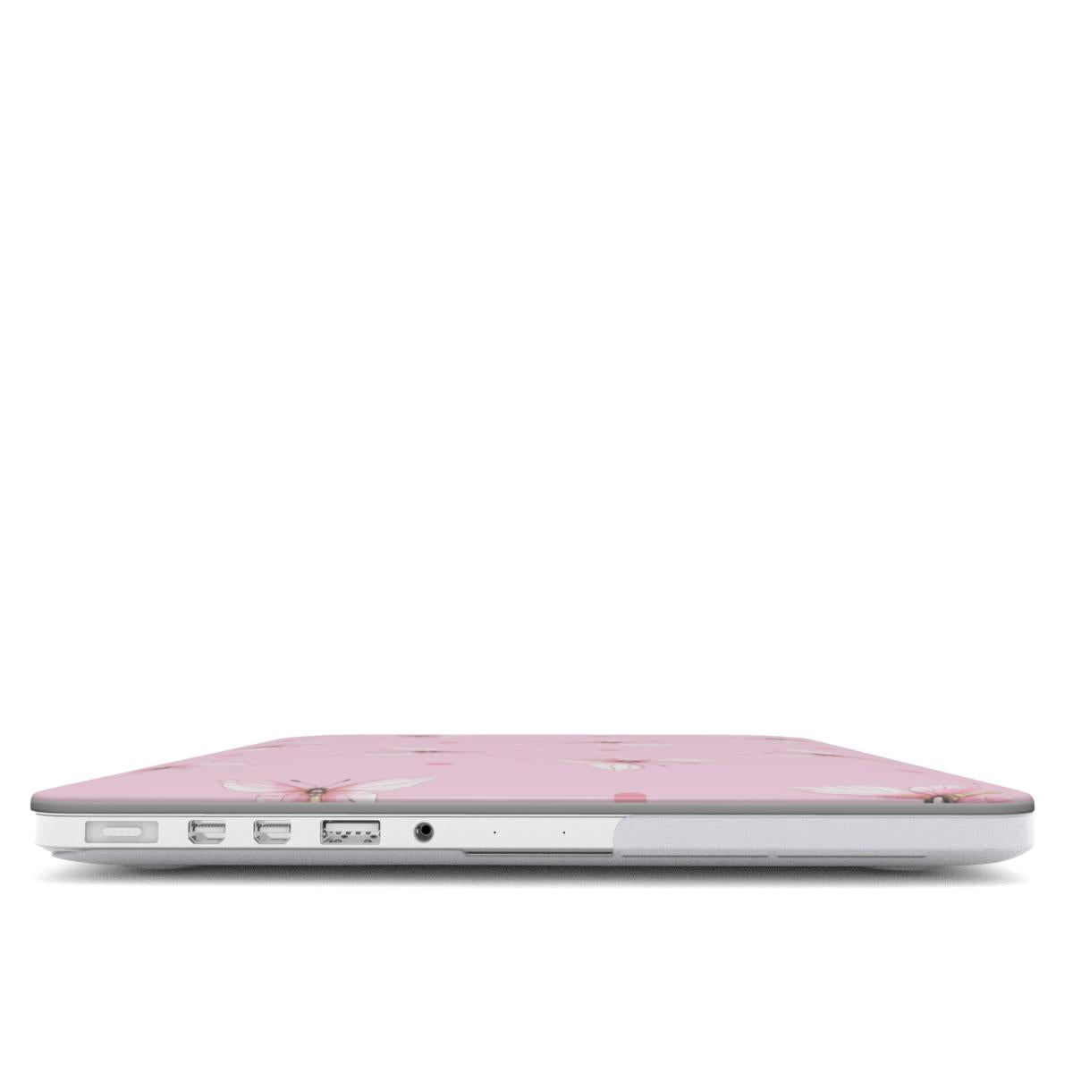 Pink Butterfly Dot MacBook case — hard-shell laptop cover, side view with ports