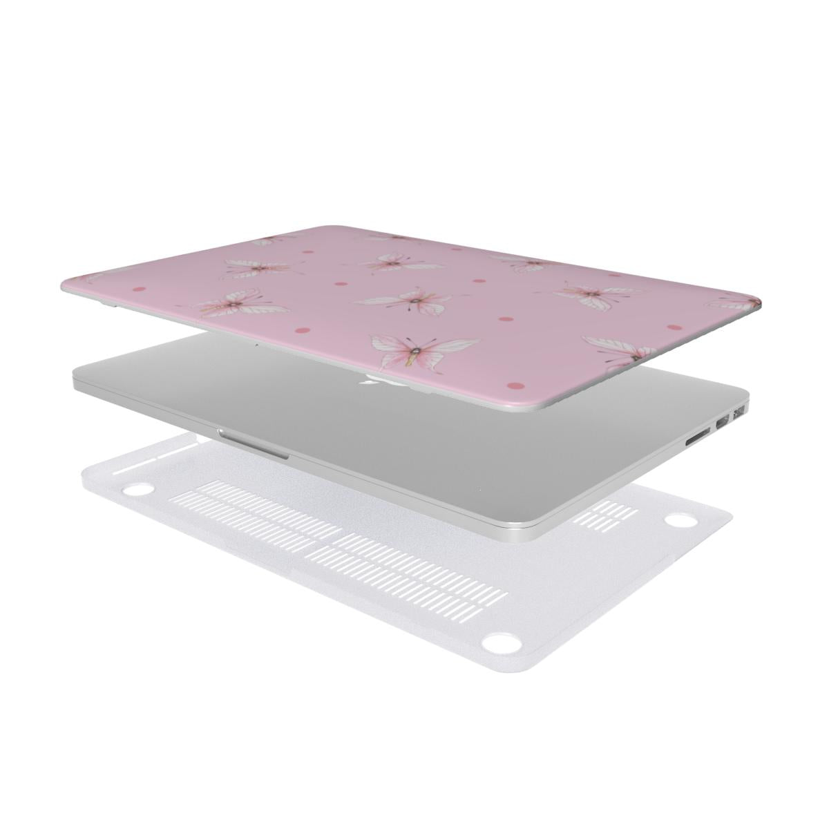 Pink Butterfly Dot MacBook case — hard-shell laptop cover, two-piece shell view
