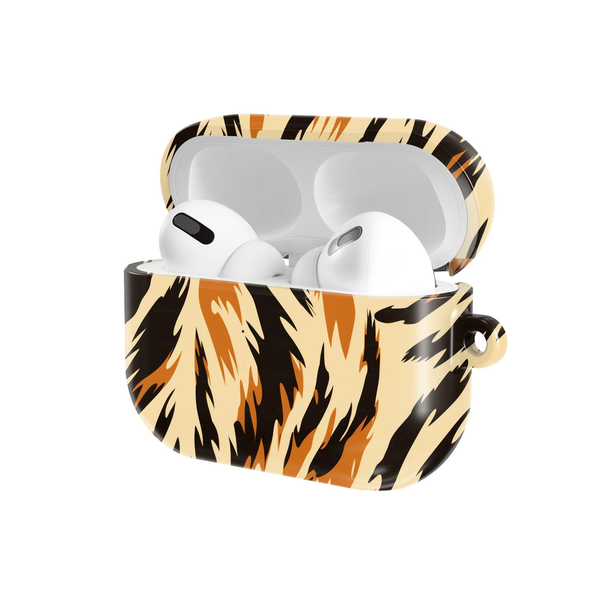 Painted Tiger AirPods case — open angled view
