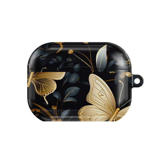 Gilded Butterfly Garden AirPods case — gold & black, closed front view