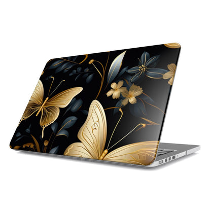 Gilded Butterfly Garden MacBook case — gold & black, hard-shell laptop cover, angled lid view