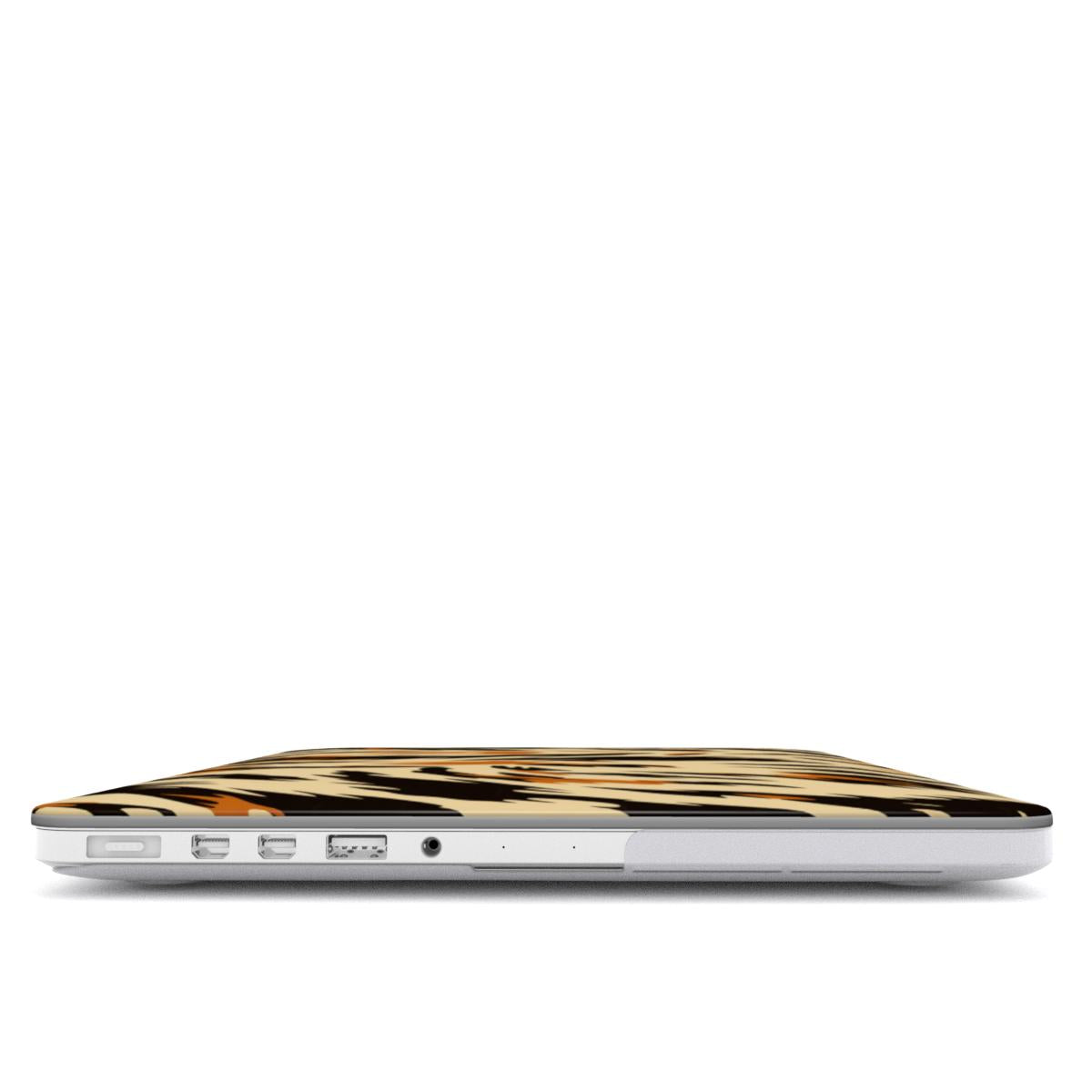 Painted Tiger MacBook case — hard-shell laptop cover, side view with ports