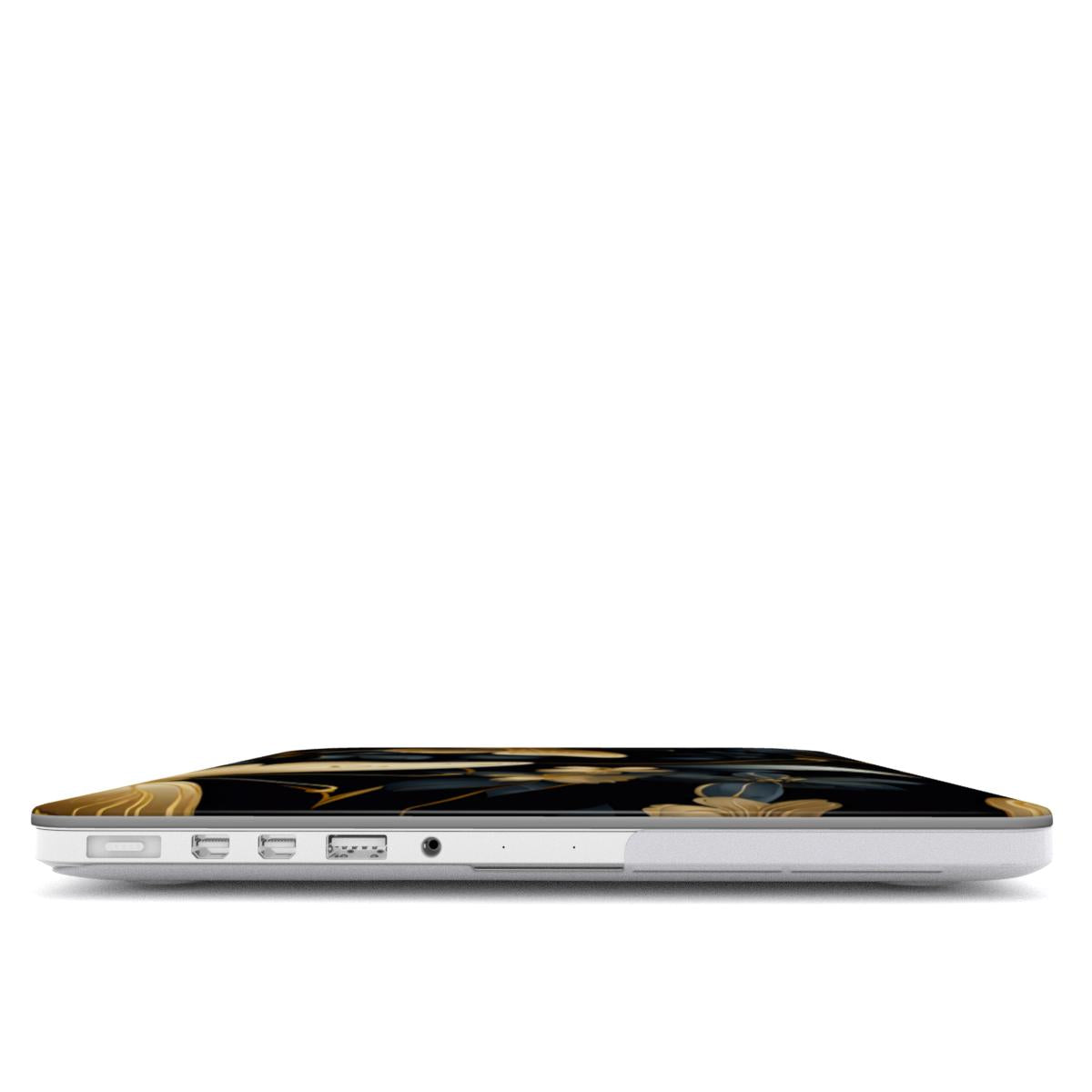 Gilded Butterfly Garden MacBook case — hard-shell laptop cover, side view with ports