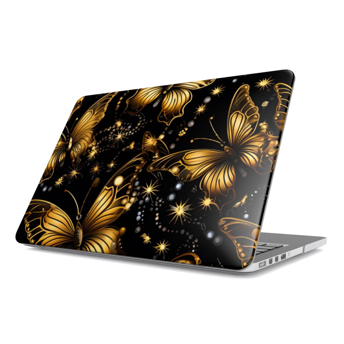 Starlit Gold Butterfly MacBook case — gold & black, hard-shell laptop cover, angled lid view