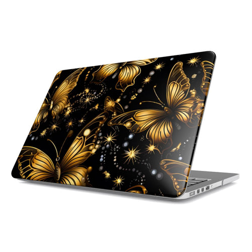 Starlit Gold Butterfly MacBook case — gold & black, hard-shell laptop cover, angled lid view