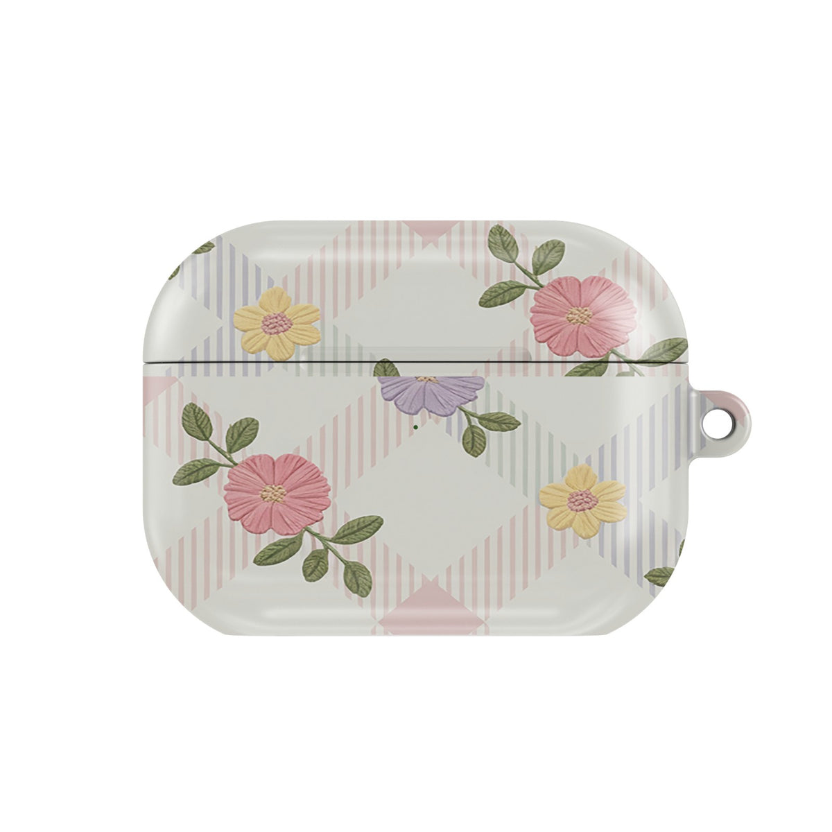 Cottage Floral Lattice AirPods case — pastel floral, closed front view