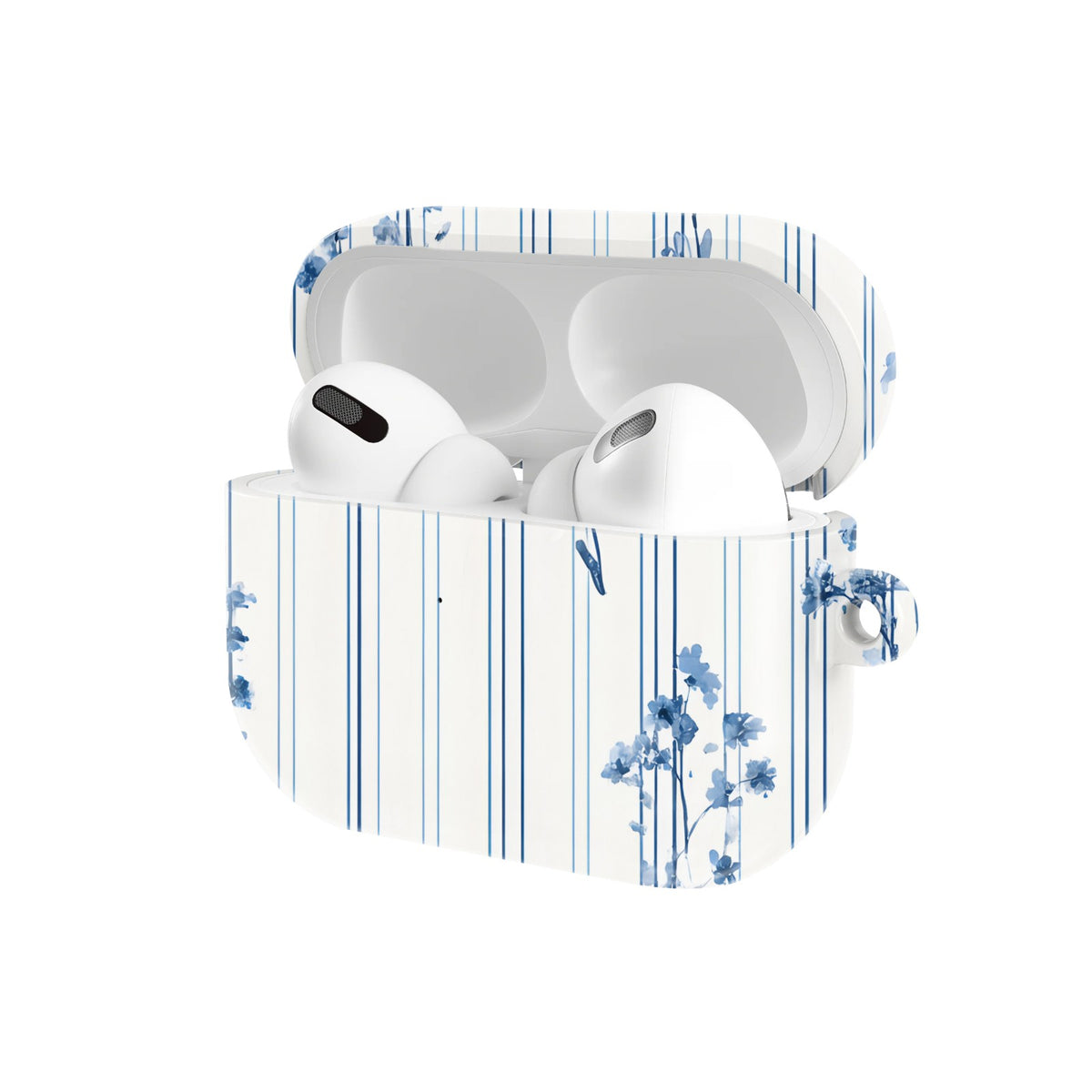 Blue Floral Pinstripe AirPods case — open angled view