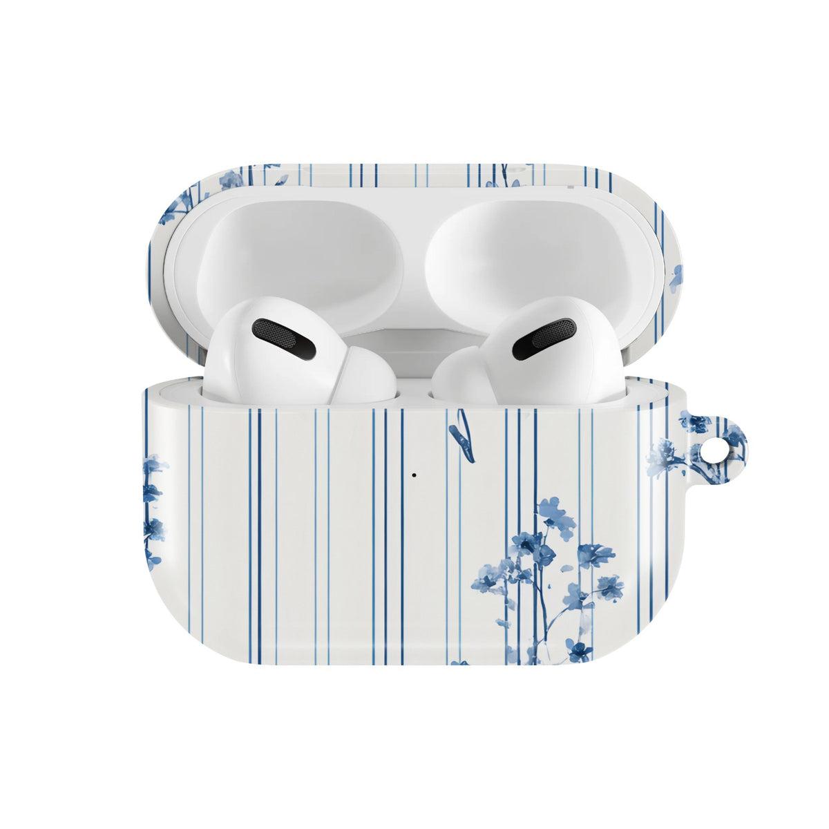 Blue Floral Pinstripe AirPods case — open front view