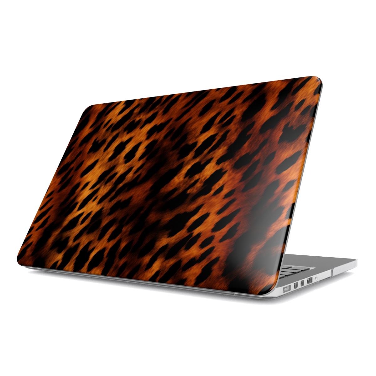 Amber Leopard MacBook case — classic leopard, hard-shell laptop cover, angled lid view
