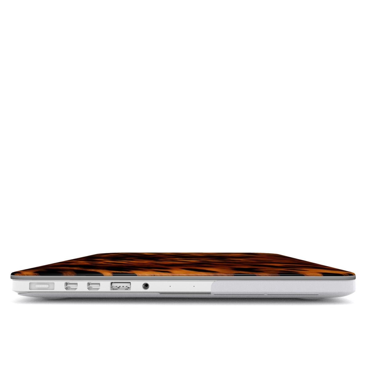 Amber Leopard MacBook case — hard-shell laptop cover, side view with ports