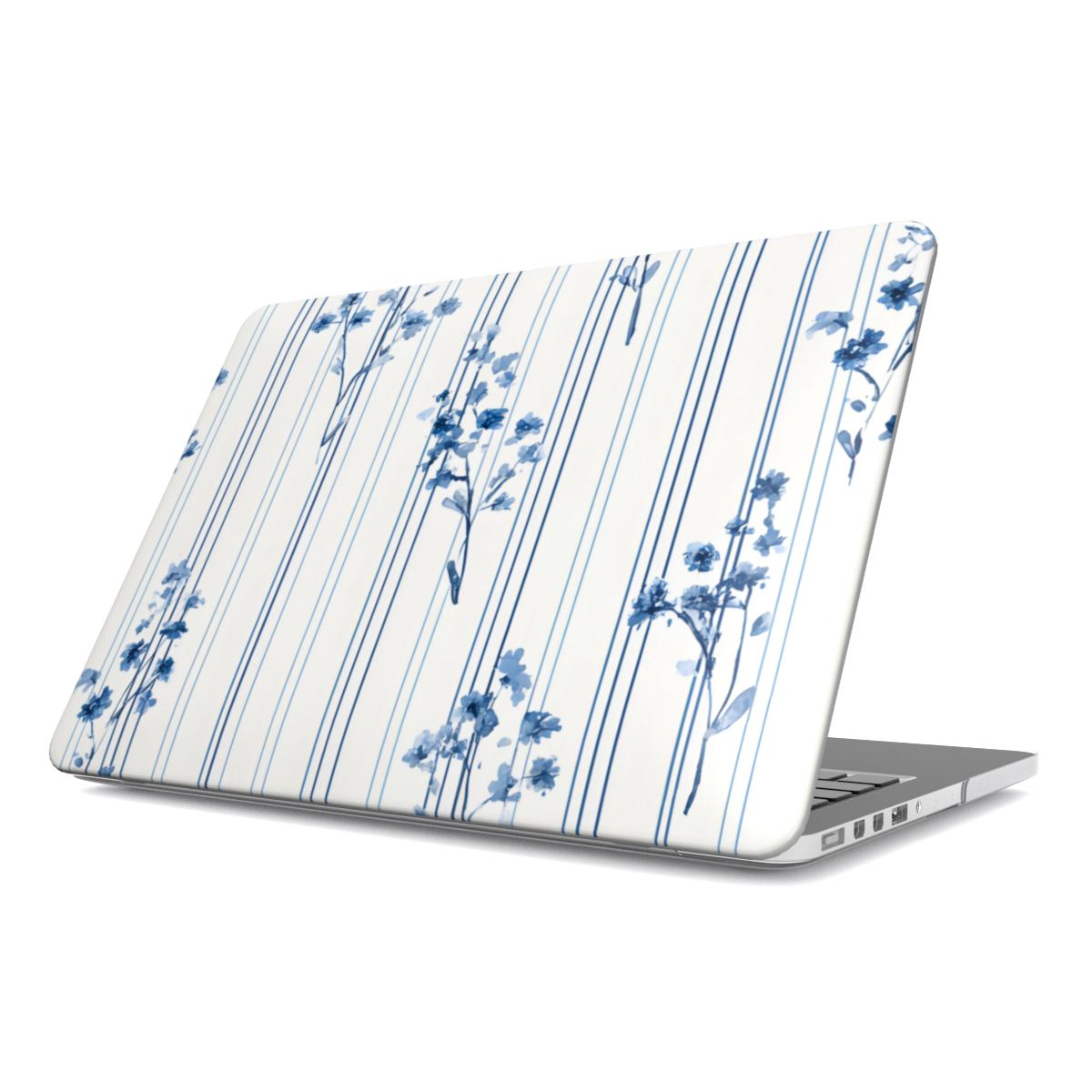 Blue Floral Pinstripe MacBook case — blue floral, hard-shell laptop cover, angled lid view