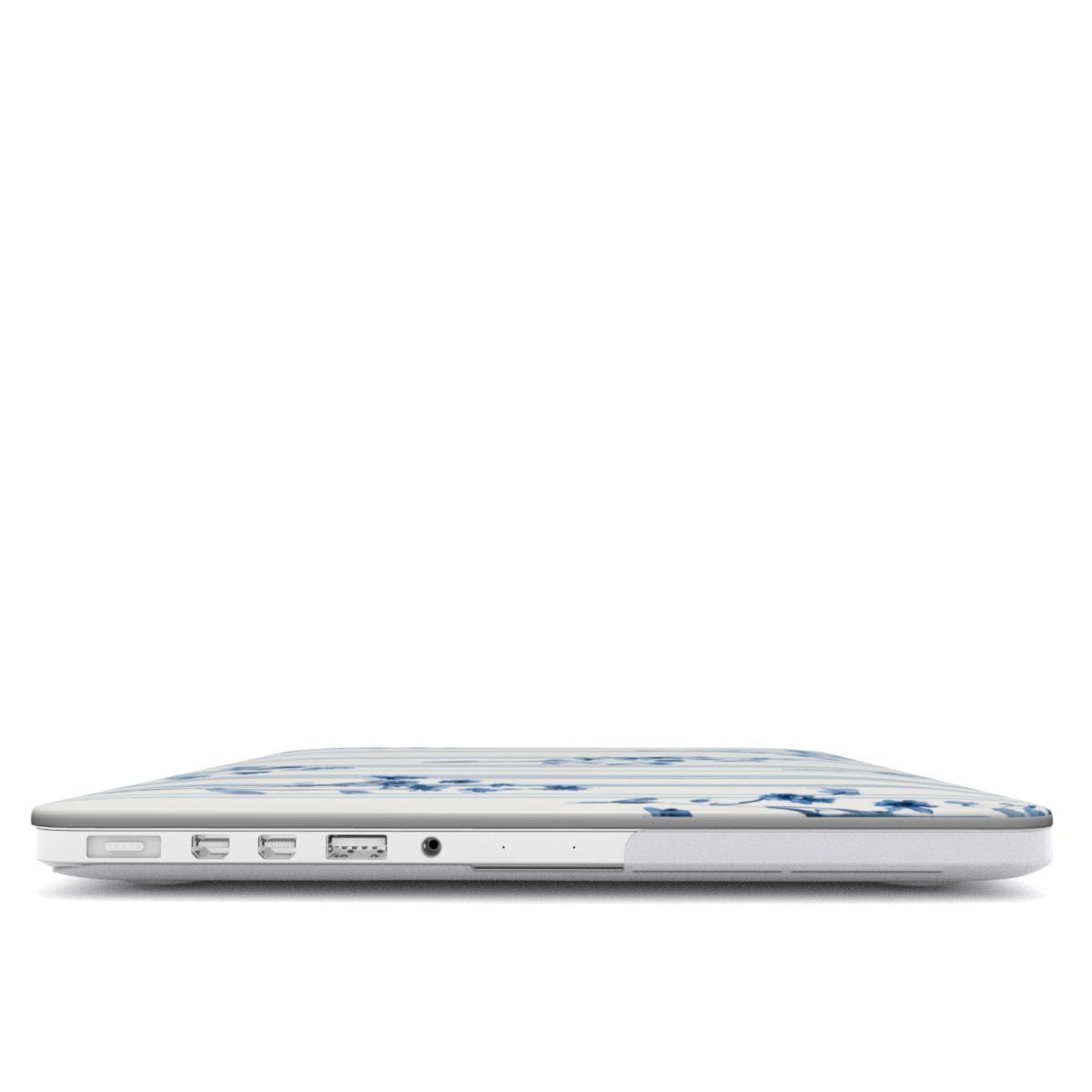 Blue Floral Pinstripe MacBook case — hard-shell laptop cover, side view with ports