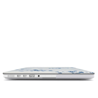 Blue Floral Pinstripe MacBook case — hard-shell laptop cover, side view with ports