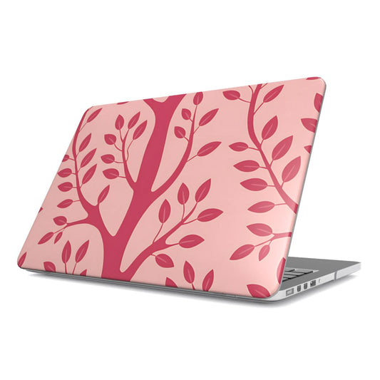 Pink Branch MacBook case — pink botanical, hard-shell laptop cover, angled lid view