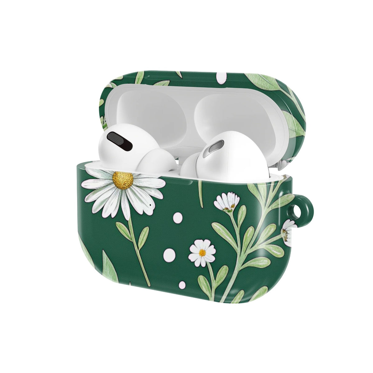 Forest Daisy AirPods case — open angled view