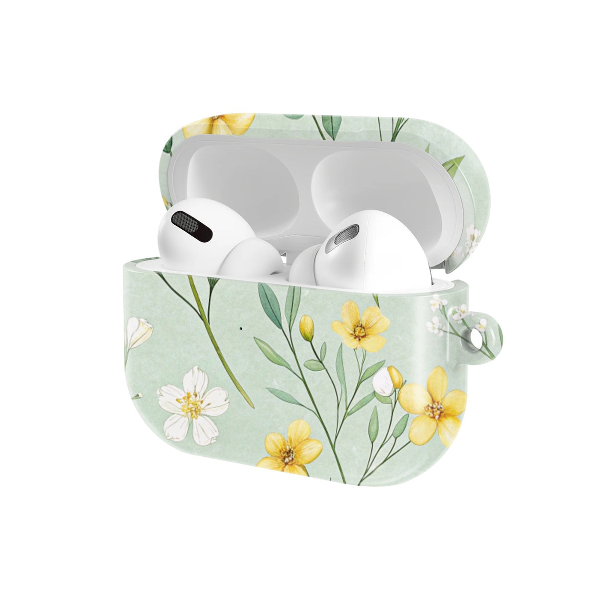 Buttercup Meadow AirPods case — open angled view