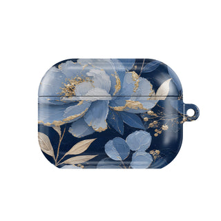 Midnight Blue Peony AirPods case — navy & gold floral, closed front view