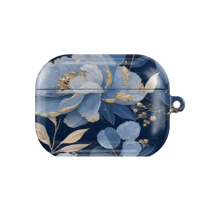 Midnight Blue Peony AirPods case — navy & gold floral, closed front view