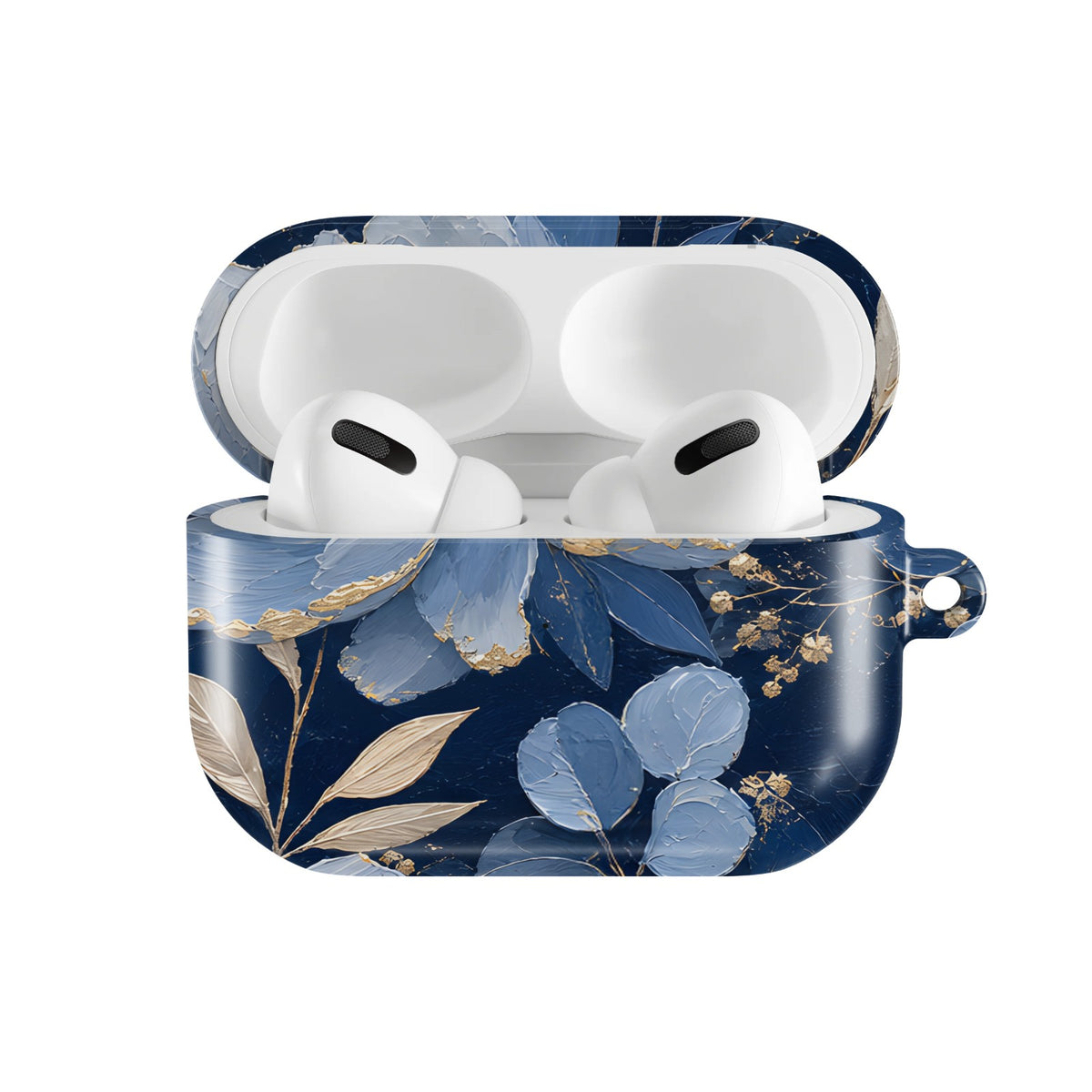 Midnight Blue Peony AirPods case — open front view