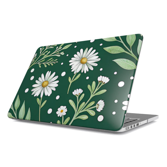 Forest Daisy MacBook case — green floral, hard-shell laptop cover, angled lid view