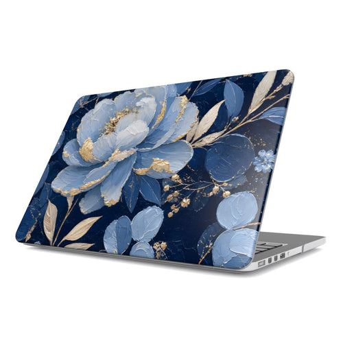 Midnight Blue Peony MacBook case — navy & gold floral, hard-shell laptop cover, angled lid view