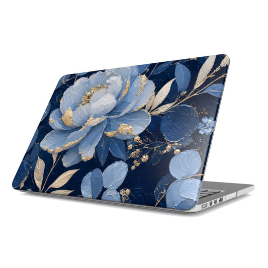 Midnight Blue Peony MacBook case — navy & gold floral, hard-shell laptop cover, angled lid view