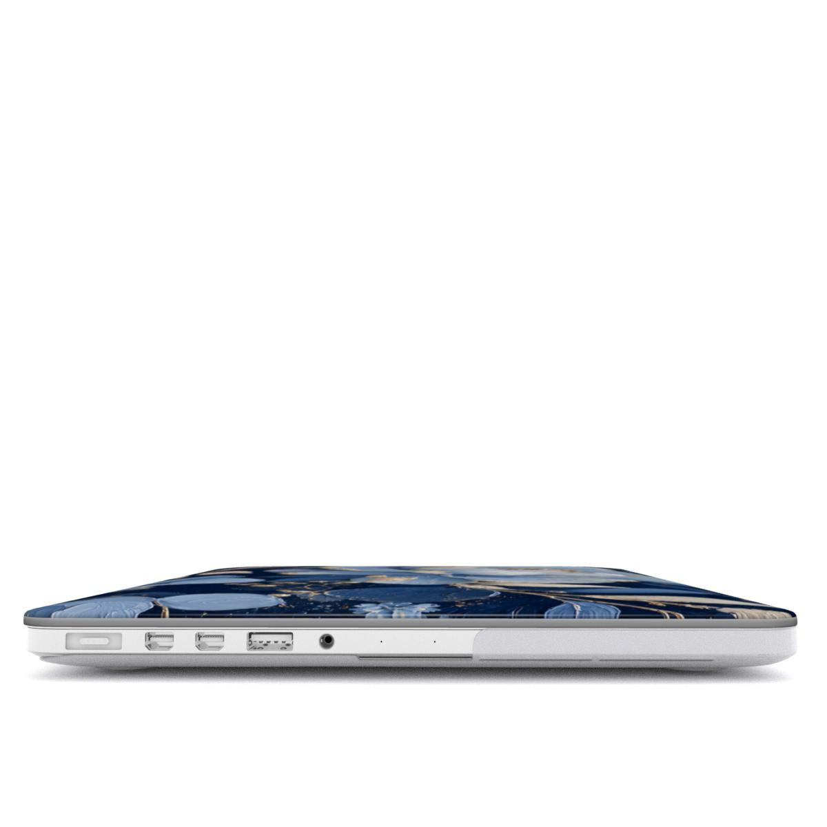 Midnight Blue Peony MacBook case — hard-shell laptop cover, side view with ports