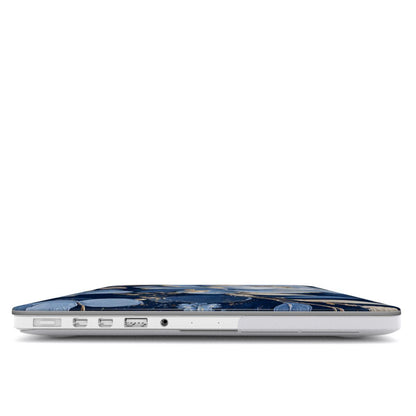 Midnight Blue Peony MacBook case — hard-shell laptop cover, side view with ports
