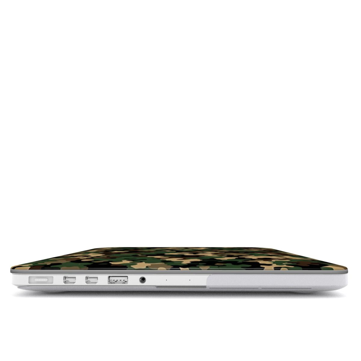 Field Camo MacBook case — hard-shell laptop cover, side view with ports
