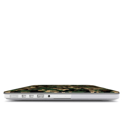 Field Camo MacBook case — hard-shell laptop cover, side view with ports
