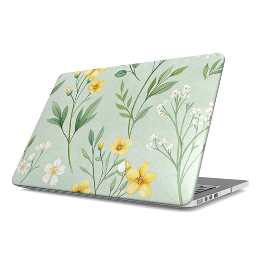 Buttercup Meadow MacBook case — sage floral, hard-shell laptop cover, angled lid view