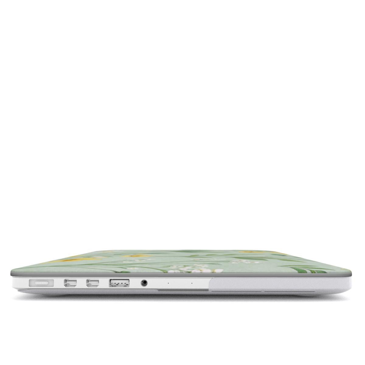 Buttercup Meadow MacBook case — hard-shell laptop cover, side view with ports