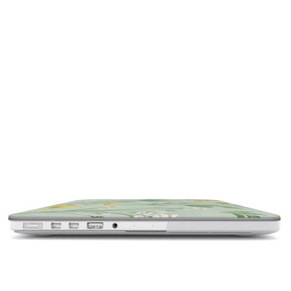 Buttercup Meadow MacBook case — hard-shell laptop cover, side view with ports