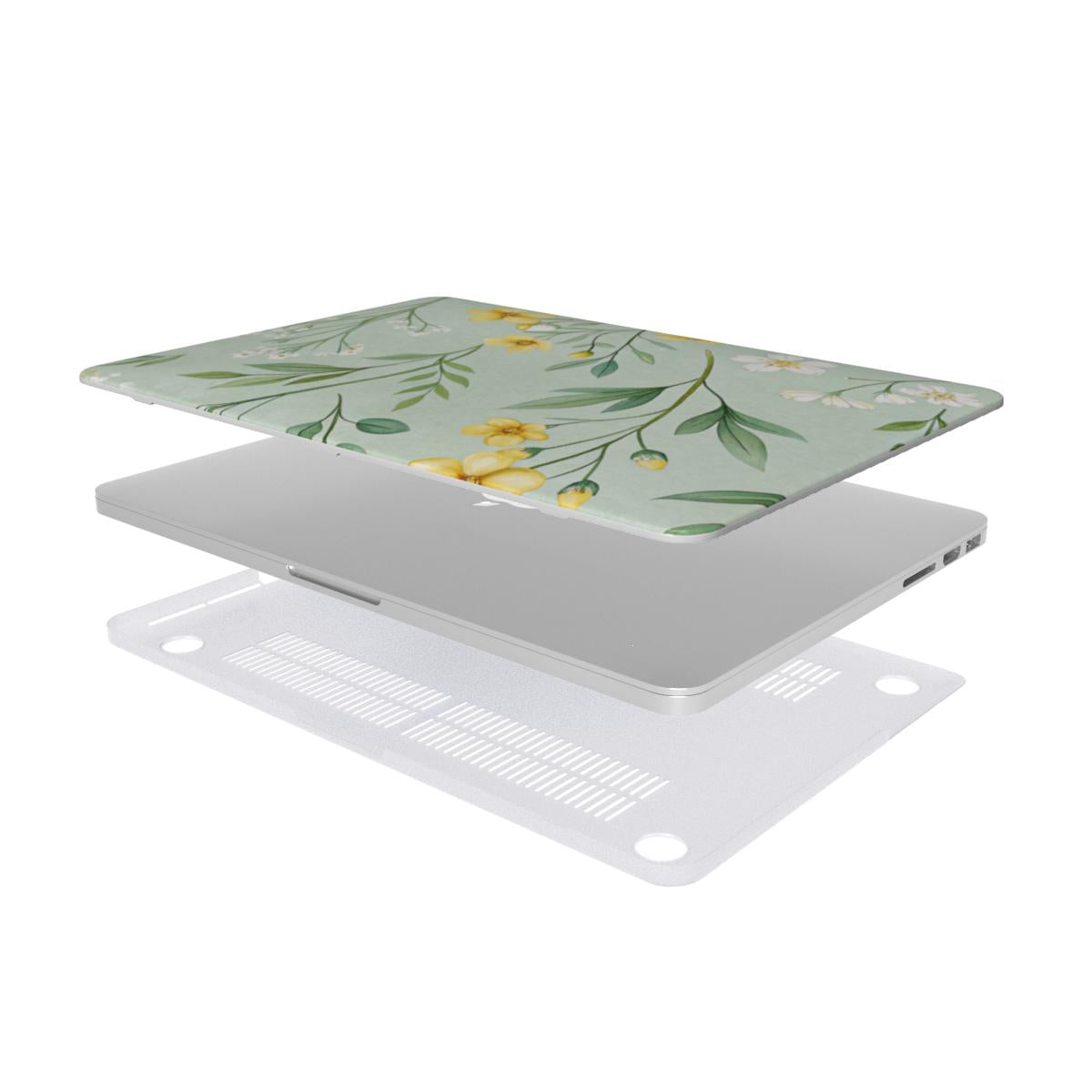 Buttercup Meadow MacBook case — hard-shell laptop cover, two-piece shell view