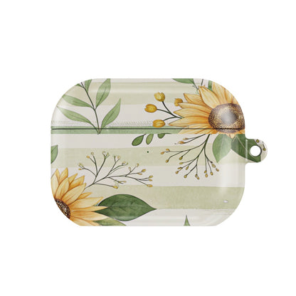 Sunflower Stripe AirPods case — sage floral, closed front view
