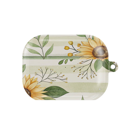 Sunflower Stripe AirPods case — sage floral, closed front view