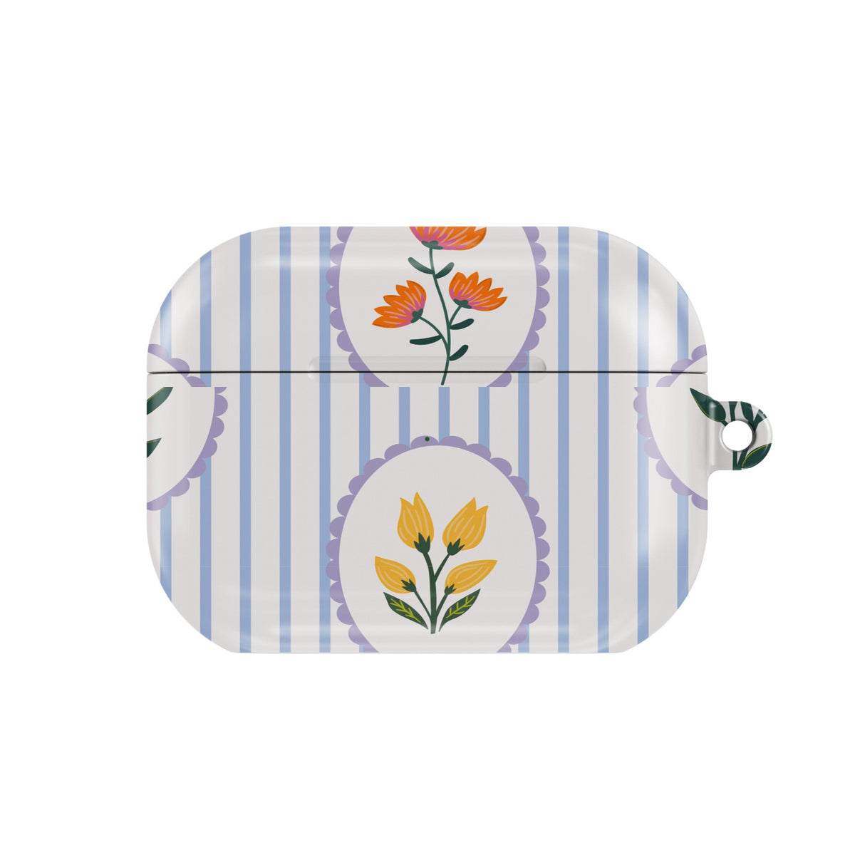 Blue Stripe Floral AirPods case — floral cameo, closed front view