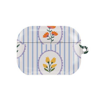 Blue Stripe Floral AirPods case — floral cameo, closed front view
