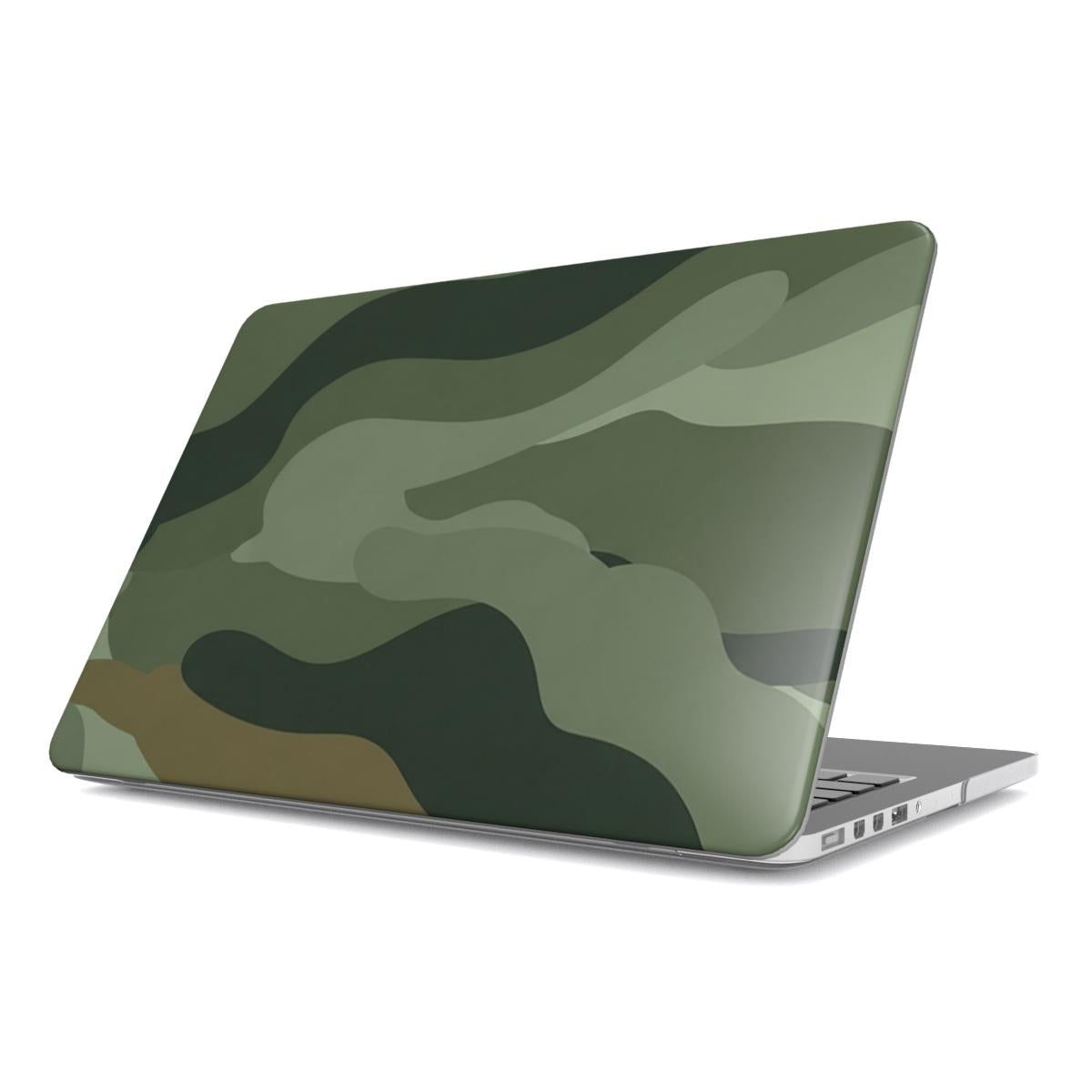 Sage Camo MacBook case — sage green camo, hard-shell laptop cover, angled lid view
