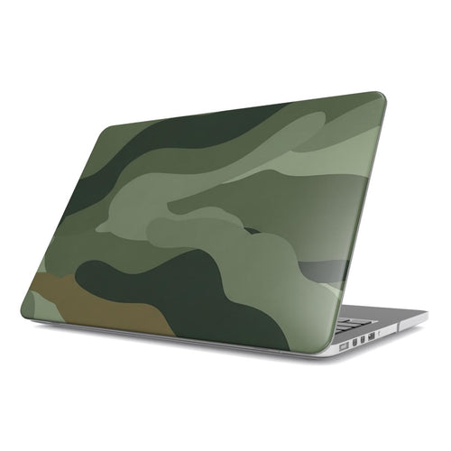 Sage Camo MacBook case — sage green camo, hard-shell laptop cover, angled lid view