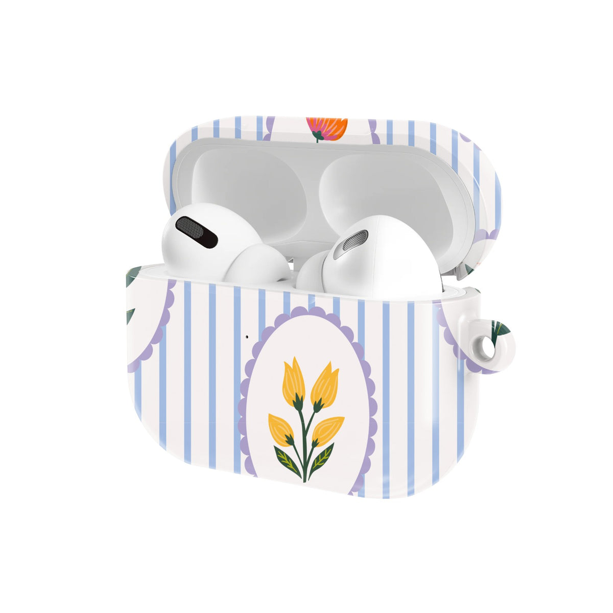 Blue Stripe Floral AirPods case — open angled view