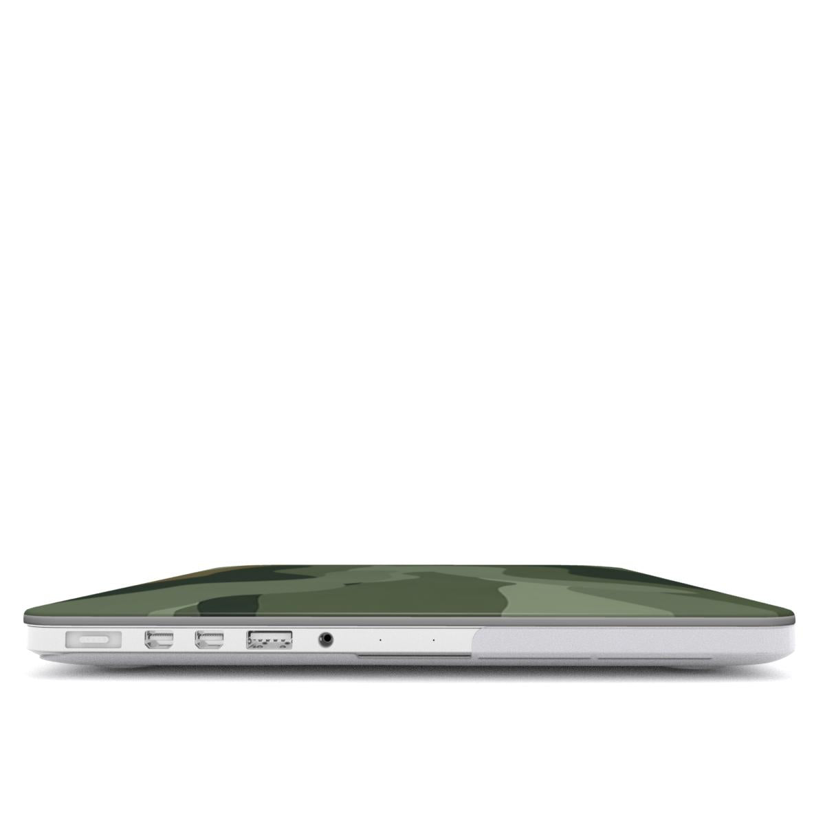 Sage Camo MacBook case — hard-shell laptop cover, side view with ports