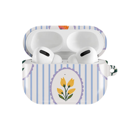 Blue Stripe Floral AirPods case — open front view