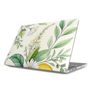 Lemon & Daisy MacBook case — lemon floral, hard-shell laptop cover, angled lid view