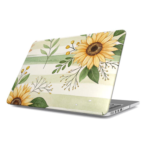 Sunflower Stripe MacBook case — sage floral, hard-shell laptop cover, angled lid view