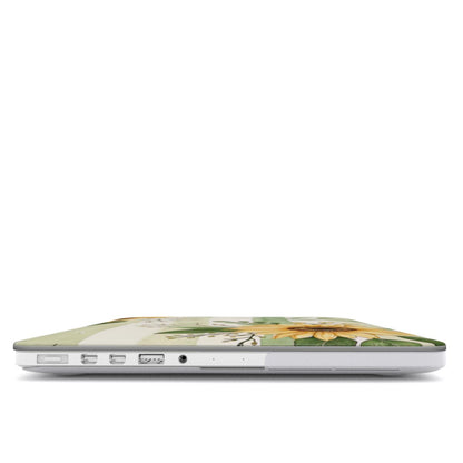 Sunflower Stripe MacBook case — hard-shell laptop cover, side view with ports