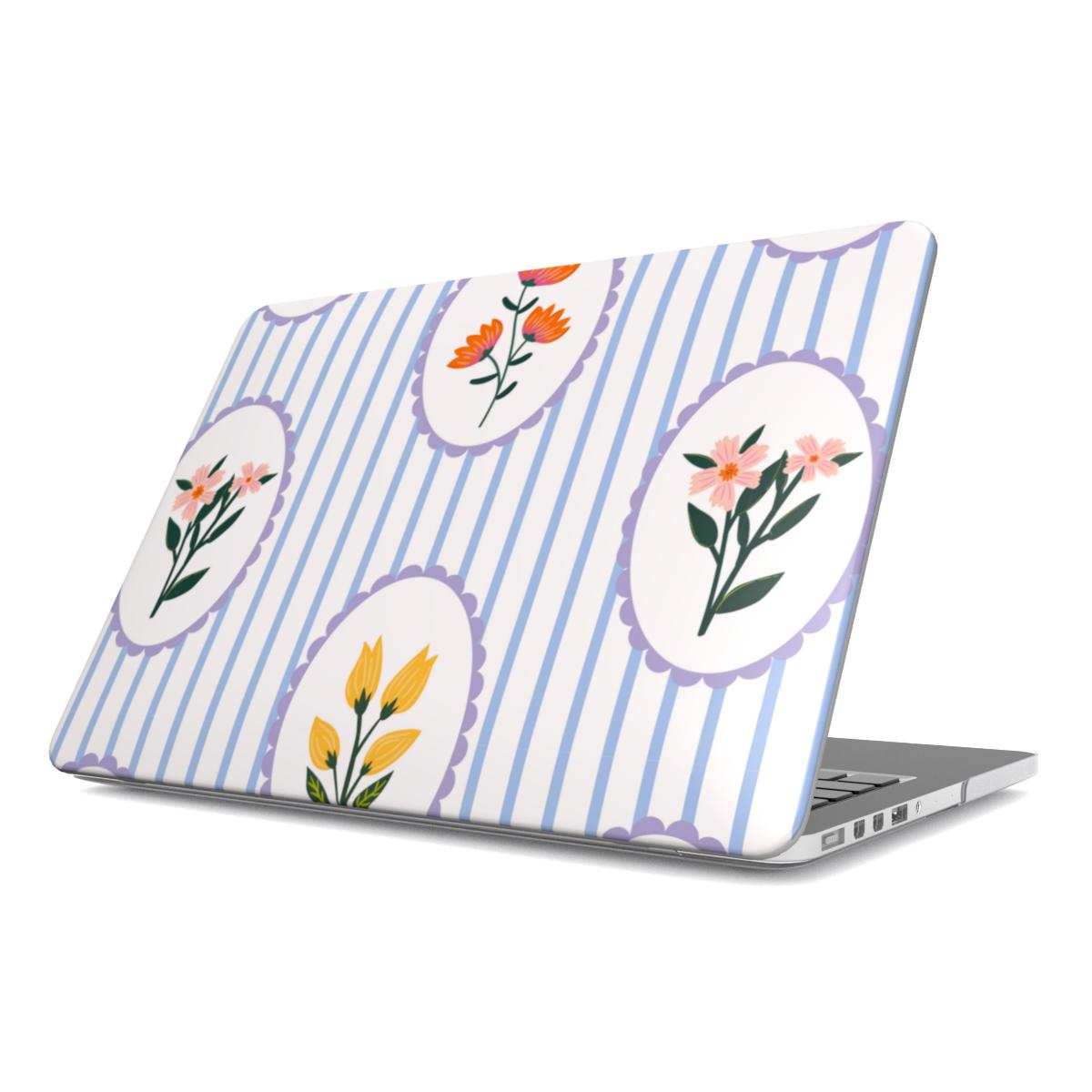 Blue Stripe Floral MacBook case — floral cameo, hard-shell laptop cover, angled lid view