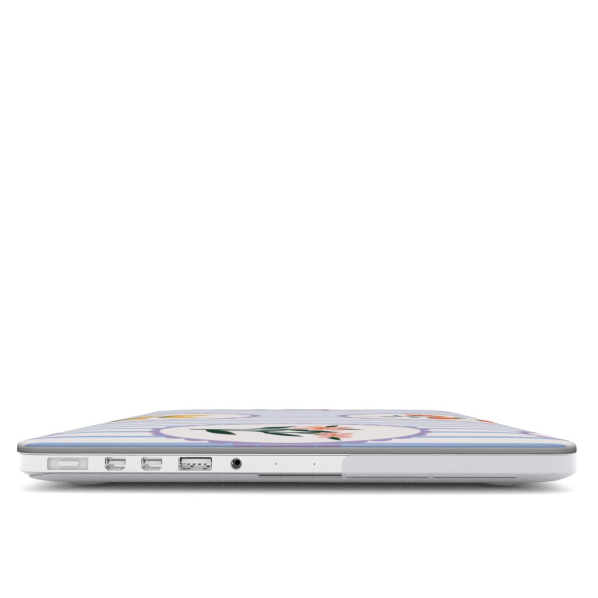 Blue Stripe Floral MacBook case — hard-shell laptop cover, side view with ports